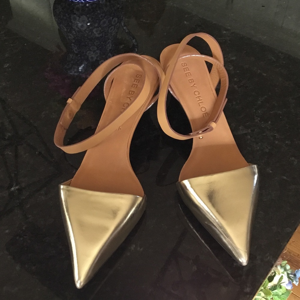 See By Chloe Gold Hara Pointed Toe Slingback Flats with Tan Straps